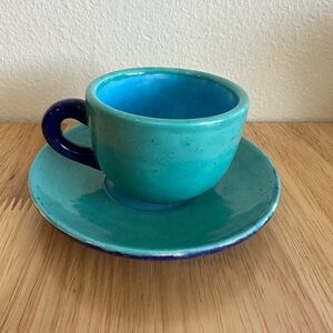 Handmade Small Teacup and Saucer Navy Blue and Teal Speckled